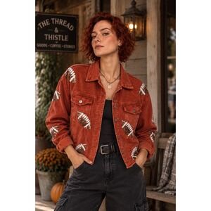 Burnt Orange Corduroy Football Sequin Patch Jacket XL Raw Hem Game Day